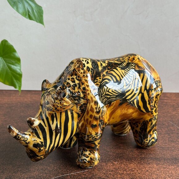 Y2K Le Vie Rhinoceros Figurine with Animal Print Collage Glossy Finish Global Ec - Picture 1 of 8